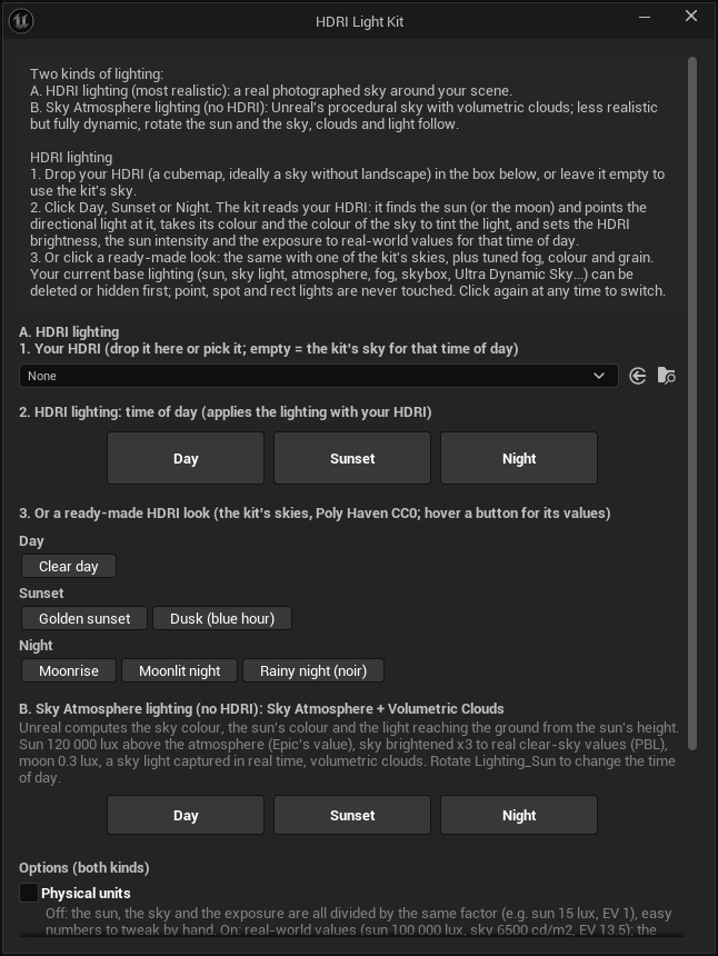 The Kit-Lighting setup window, with the HDRI box and the Day, Sunset and Night buttons