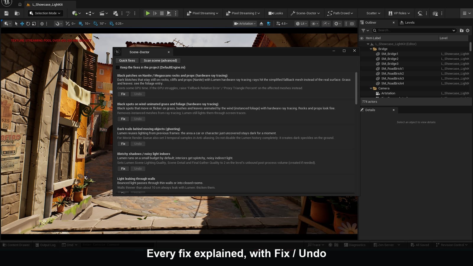 The Scene-Doctor panel with each fix, its explanation and Fix / Undo buttons