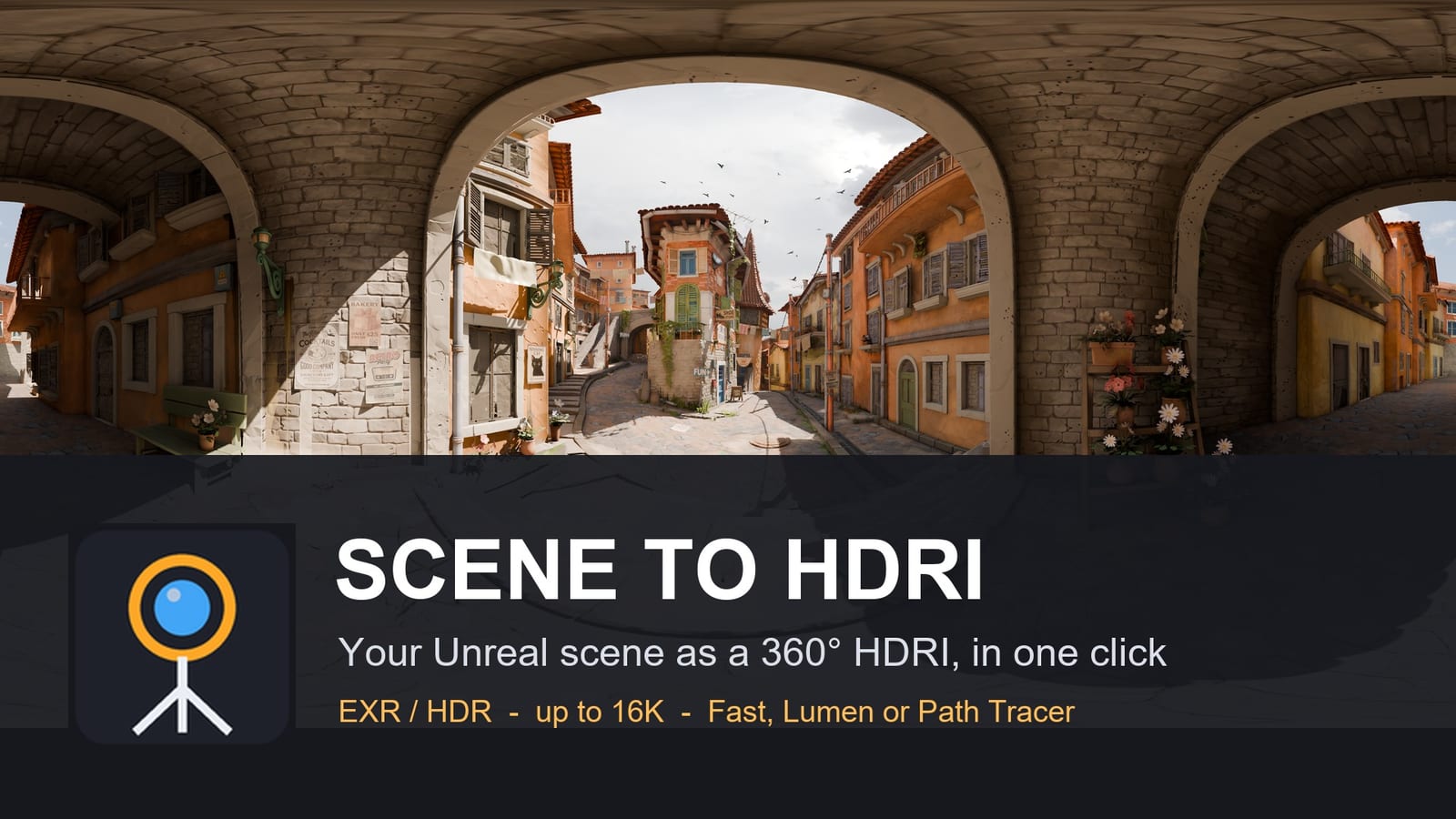 Scene to HDRI: a 360 degree capture rig in an Unreal level and the HDRI it produces