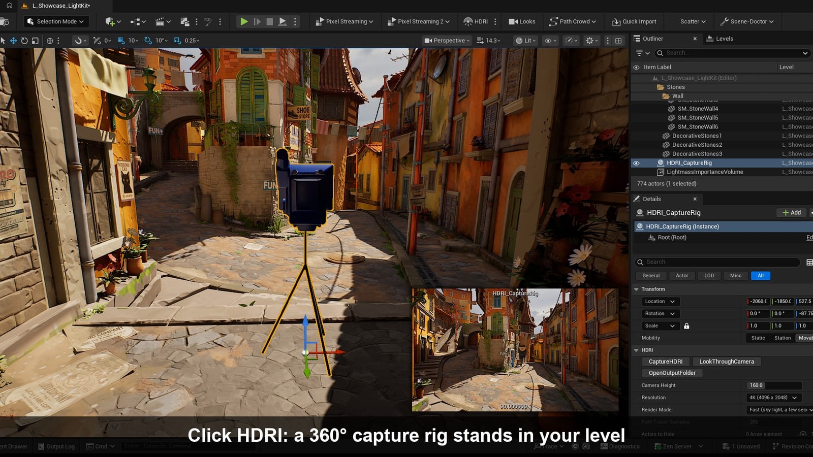 The HDRI Capture Rig, a tripod with a 360 camera, standing in a level